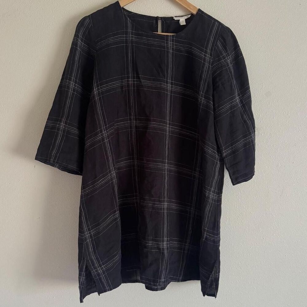 Eileen Fisher Organic Linen Windowpane Black Plaid Tunic Dress Lagenlook Medium
